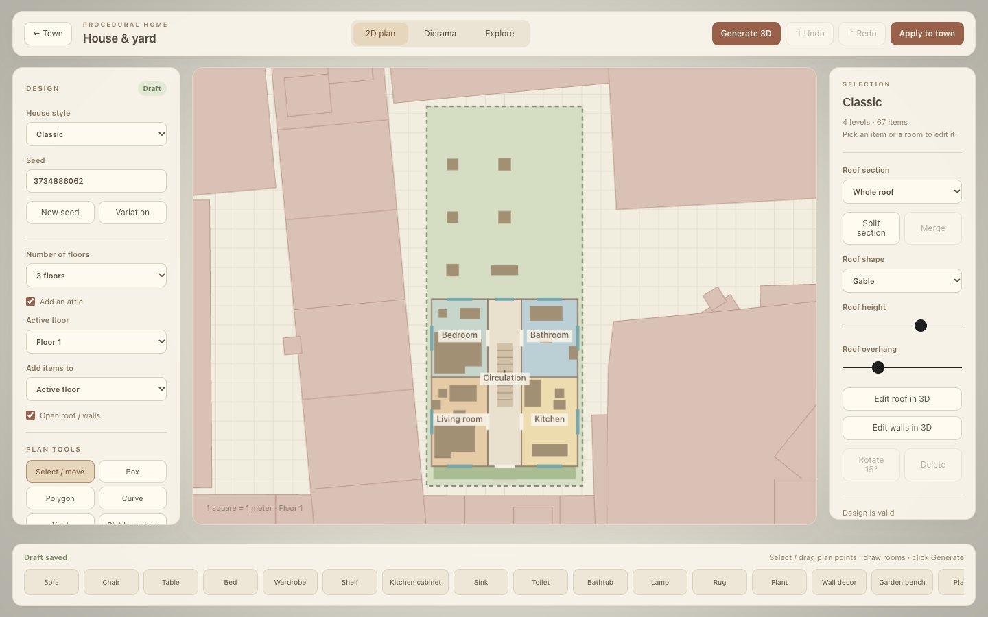 The 2D plan editor: a plot with four rooms, stairs, a green yard, the style and seed panel on the left and the item catalog below.