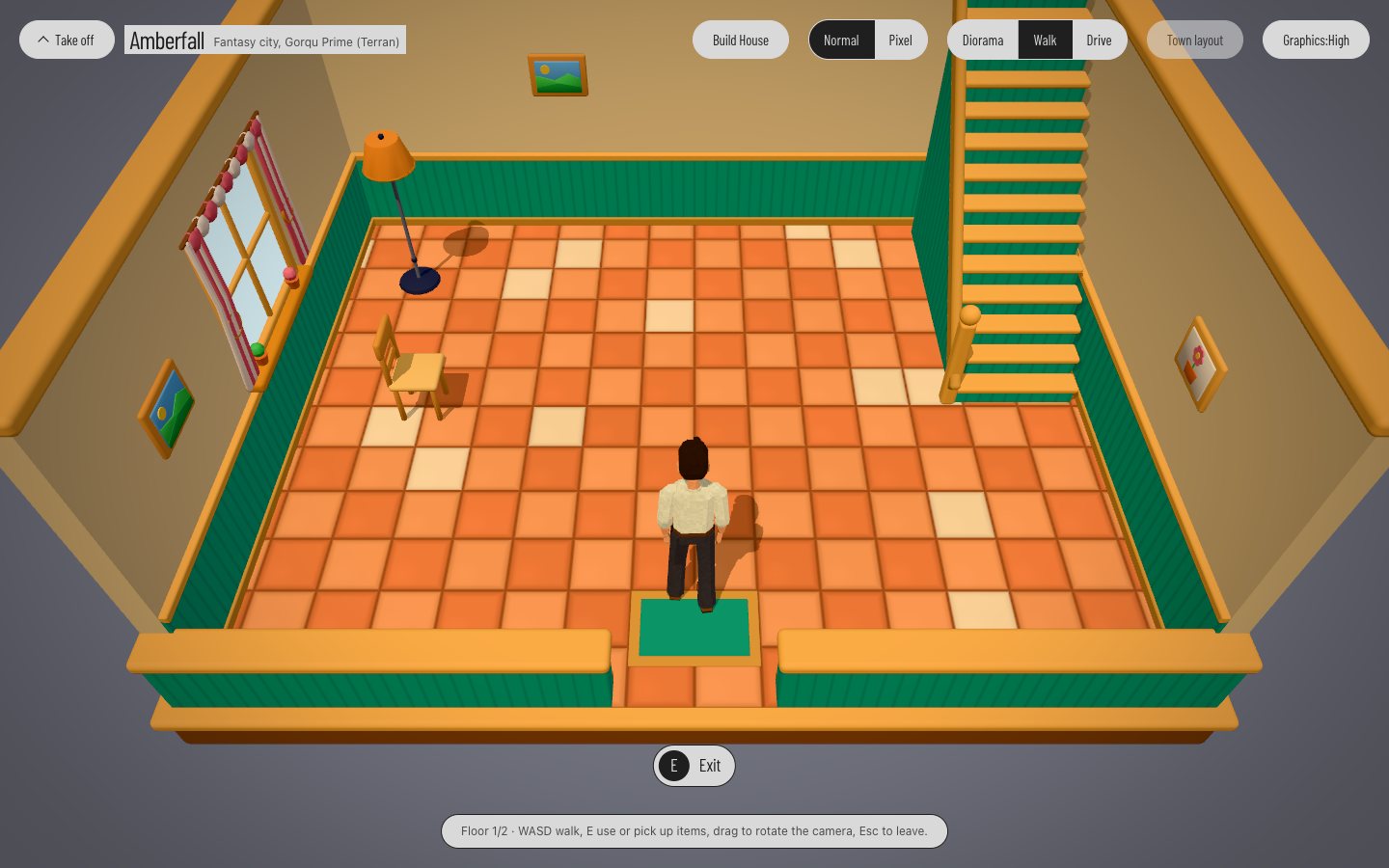 A house interior seen from above in a dollhouse style: orange tile floor, a floor lamp, a chair, curtained windows, stairs to the upper floor and the player character.