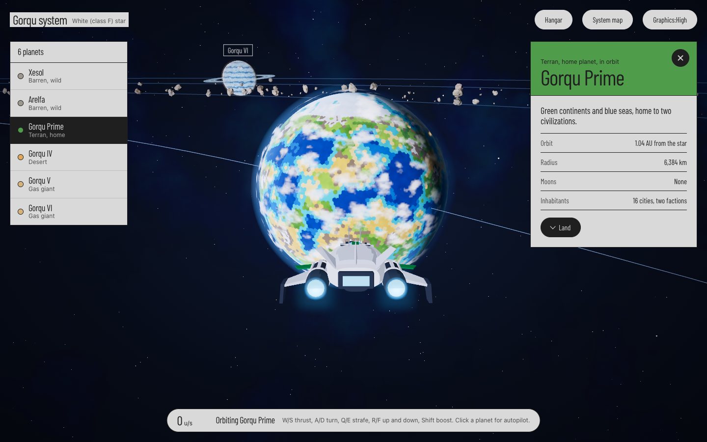 A spaceship in orbit around the home planet in a star system, with a list of six planets on the left and a planet info card on the right.