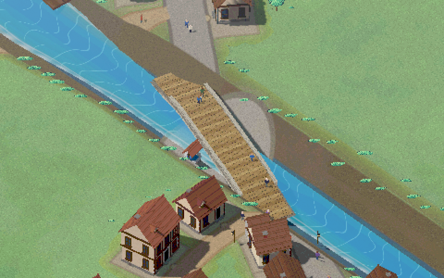 Pemandangan kota dalam game: rumah, jembatan kayu, dan sungai dilihat dari sudut miring dalam tampilan pixel.